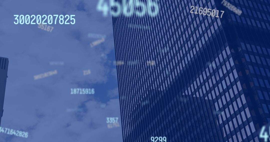 Digital Numbers Falling Over Urban Cityscape in Blue Tint
