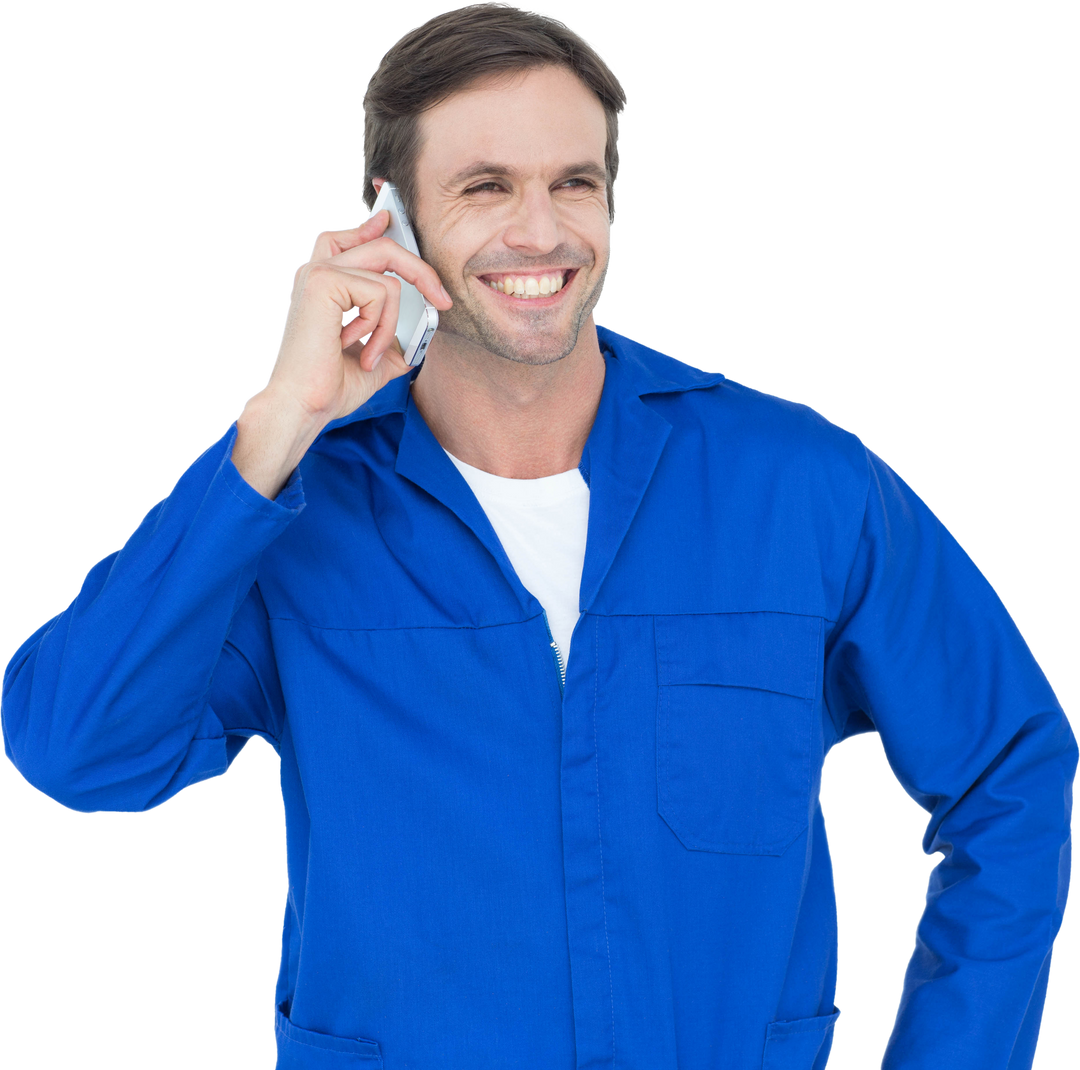 Transparent Happy Mechanic Talking on Mobile Phone in Blue Coveralls - Download Free Stock Images Pikwizard.com