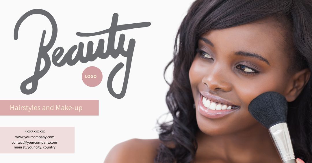 Smiling woman applies makeup, radiates elegance and self-care