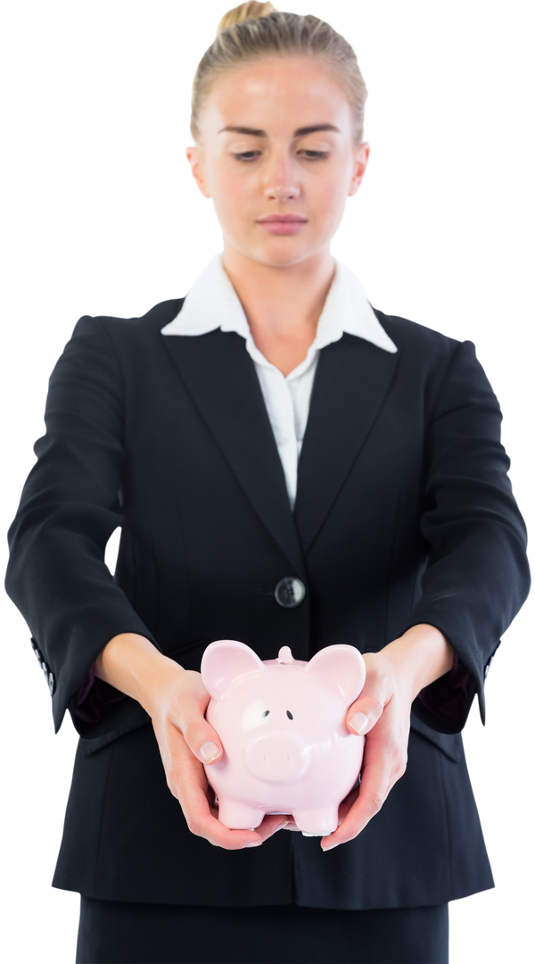 Transparent Save for Future Blonde Businesswoman Holding Piggy Bank - Download Free Stock Images Pikwizard.com