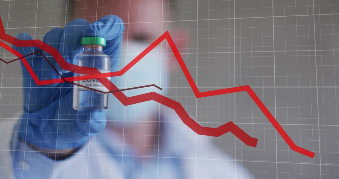 Holding gloved hand presenting COVID vaccine vial with falling red economic graph overlay