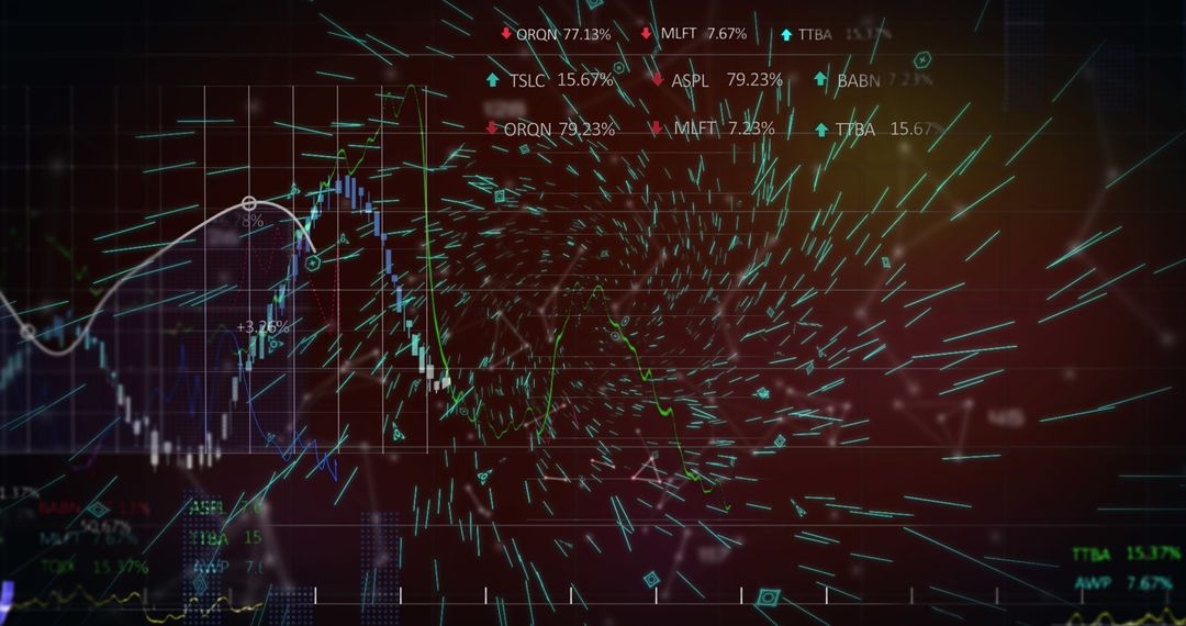 Digital data visualization with shaped patterns and stock analysis