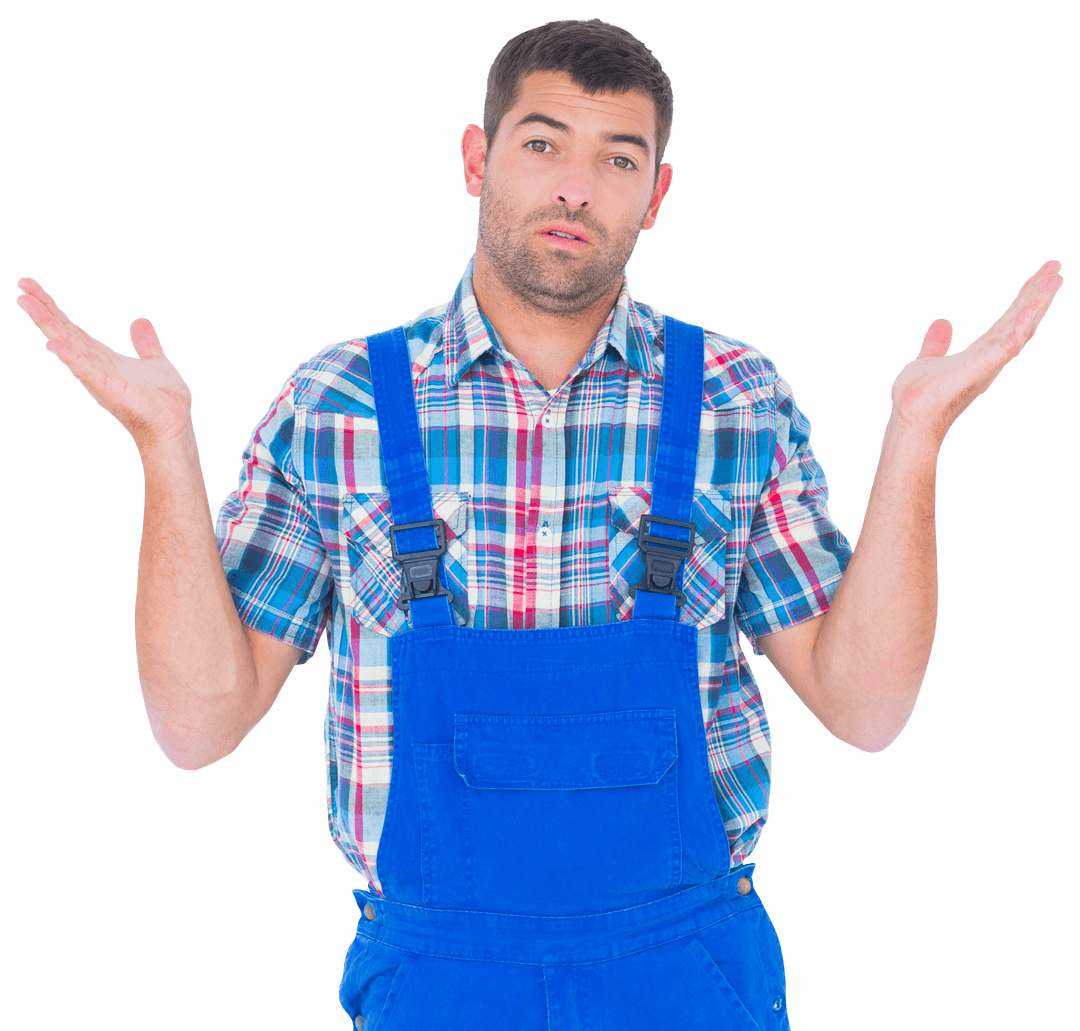 Transparent Handsome Handyman in Plaid Shirt and Overalls with I Don't Know Gesture