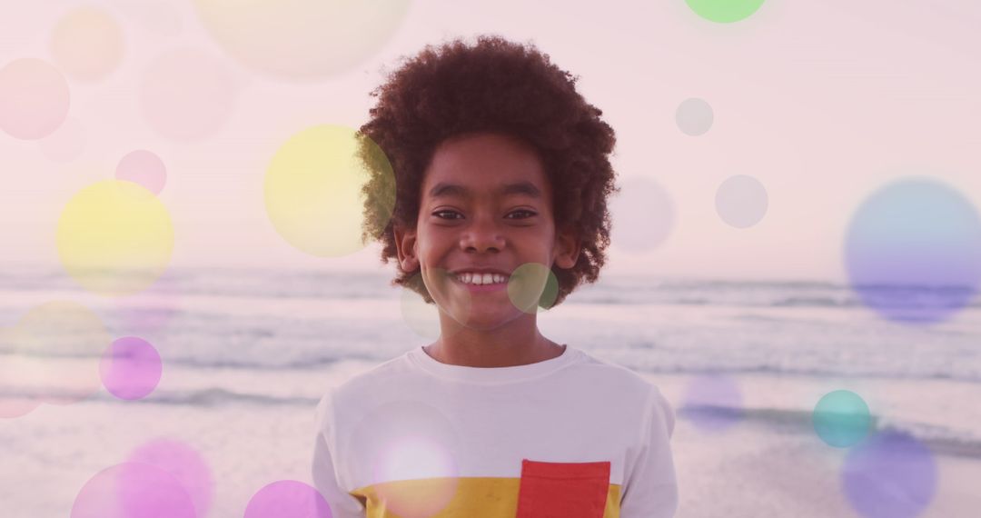 Joyful Child on Beach Embracing Colorful Summer Vibes