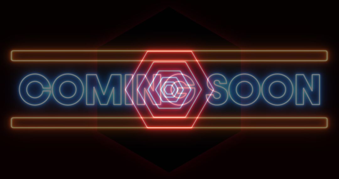 Vibrant Neon Coming Soon Sign with Futuristic Red Hexagons