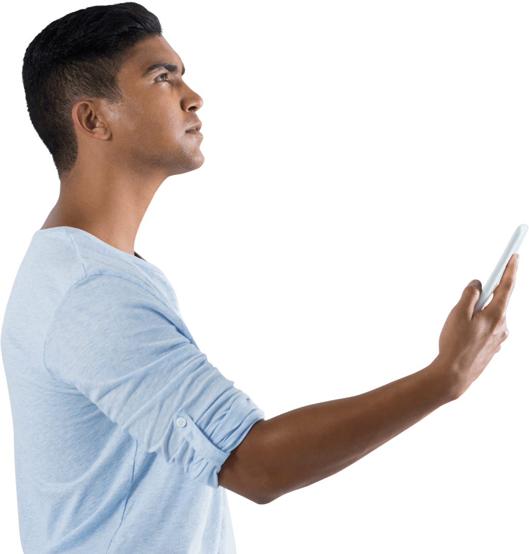 Focused Biracial Man Using Smartphone on Transparent Background