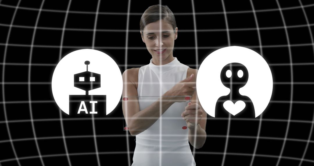 Woman Interacting With Holographic AI and Human Icons - Free Images, Stock Photos and Pictures on Pikwizard.com