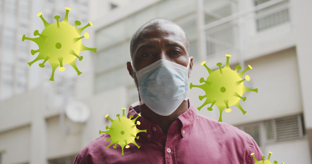 Man Wearing Face Mask Surrounded by Digital Covid-19 Graphics