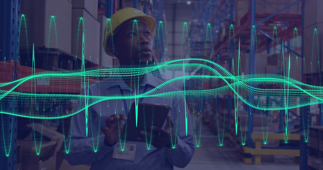 Warehouse worker using tablet with data overlay for logistics analytics and automation