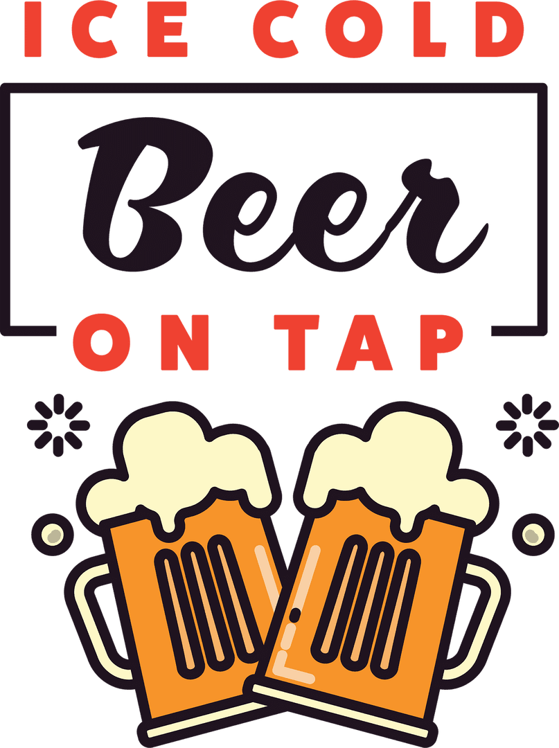 Ice Cold Beer On Tap Text with Mug Illustrations on Transparent Background