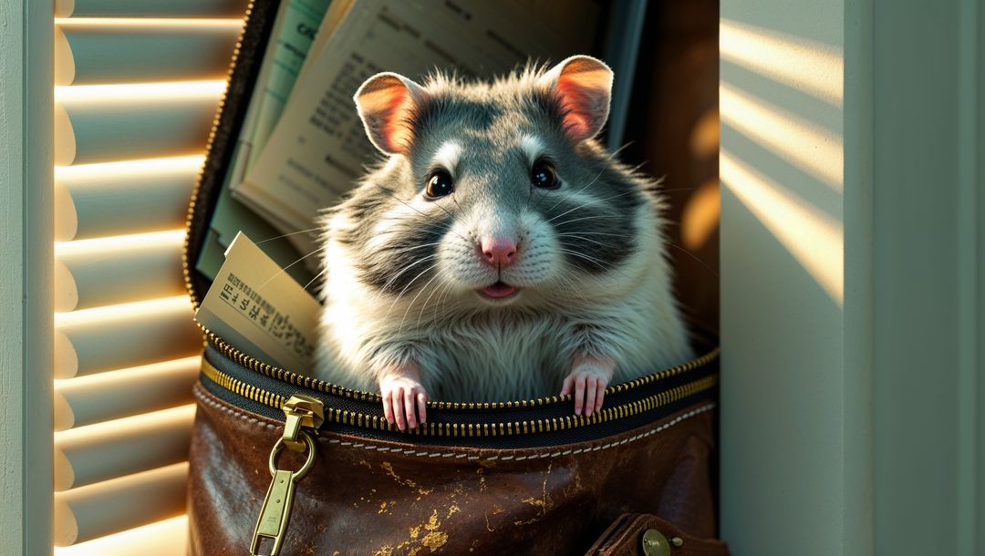 Curious Hamster Peeking from Brown Leather Bag with Tickets