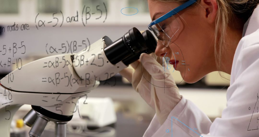 Scientist Examining Through Microscope with Mathematical Formulas Overlay