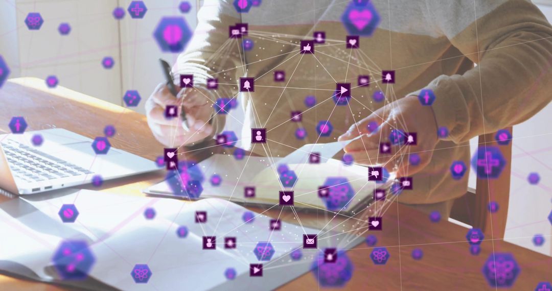 Senior Man Using Technology at Home Office with Virtual Icons