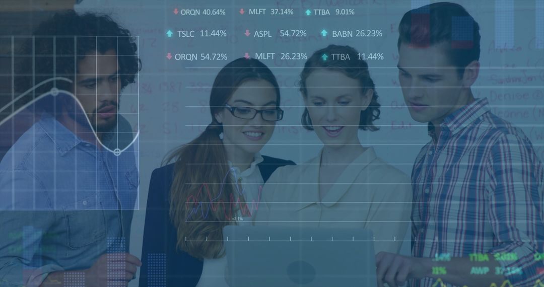 Team Analyzing Stock Market Trends with Overlaid Financial Data