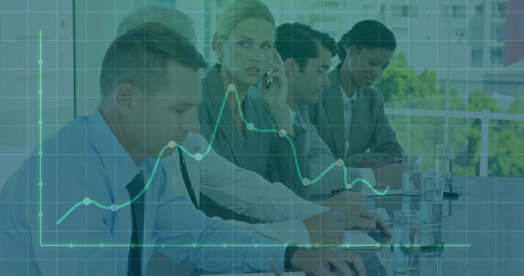 Team Collaborating in Modern Office with Business Analytics Overlay