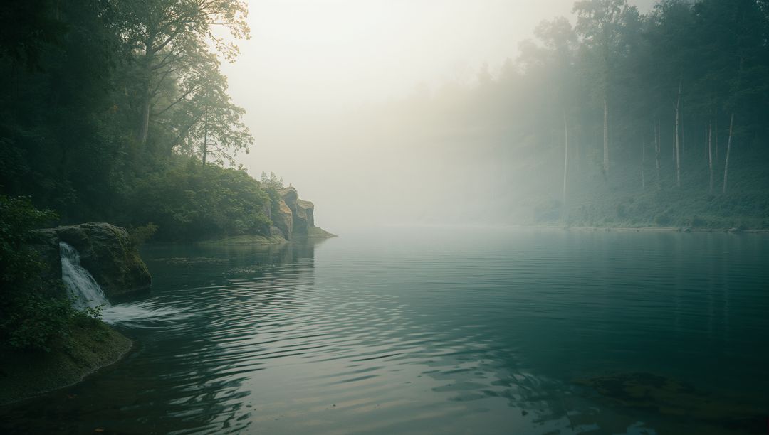 Serene Foggy Lake in Misty Forest Wilderness with Waterfall