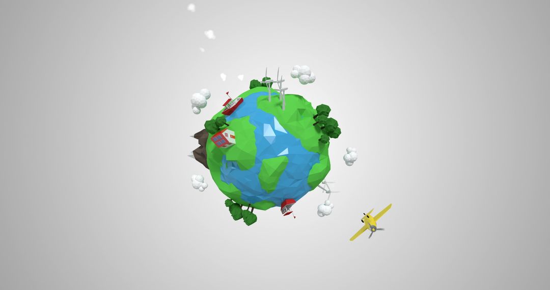 Colorful Low-Poly Earth with Planes and Wind Turbines