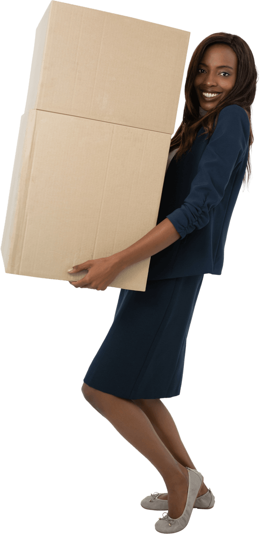 Smiling Businesswoman Carrying Large Cardboard Boxes Transparent