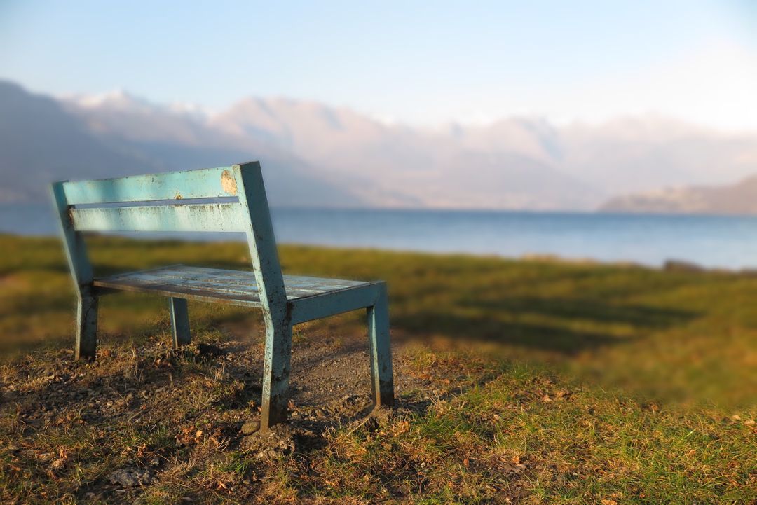 Rustic Blue Bench Overlooking Scenic Mountain Lake - Free Images, Stock Photos and Pictures on Pikwizard.com