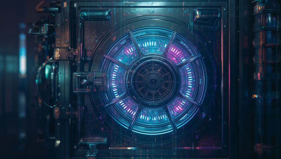 Futuristic Vault Lock With Neon Lights Illuminating Secure Hig-Tech Setting