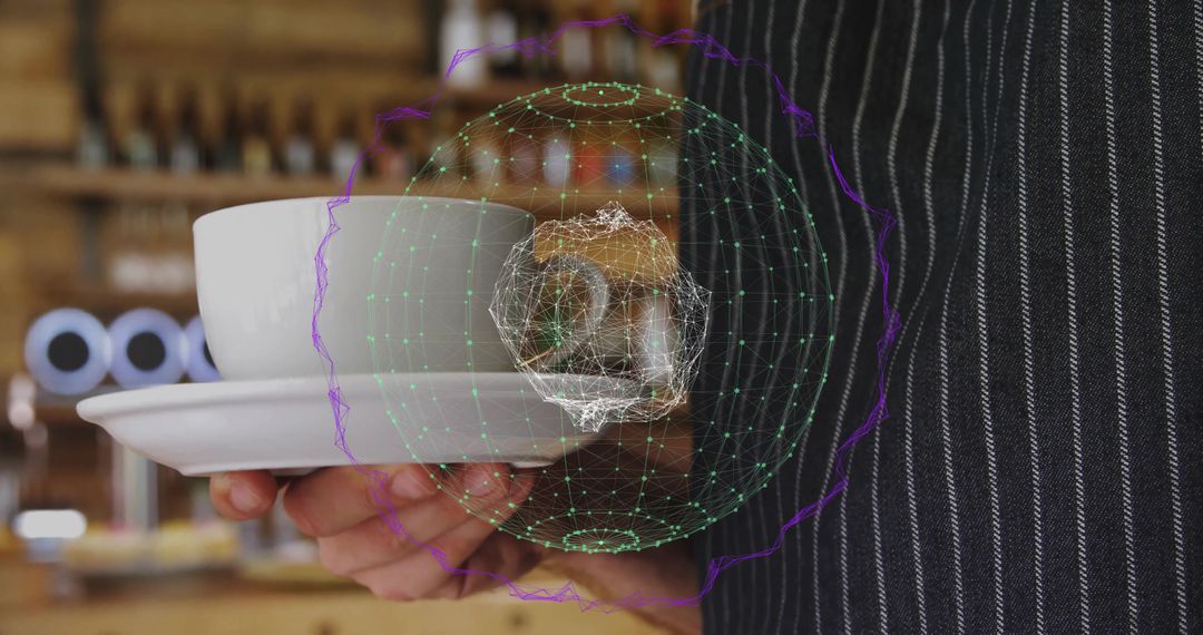 Barista holding espresso cup and saucer with holographic orb display in coffeehouse