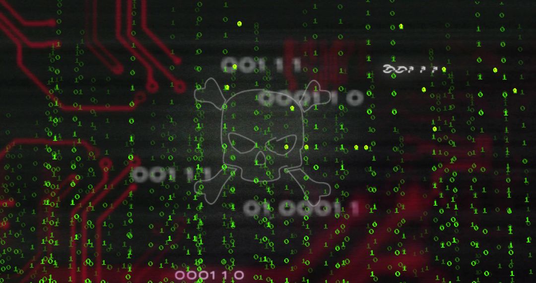 Neon skull-and-crossbones HUD showing falling green binary and red circuit traces