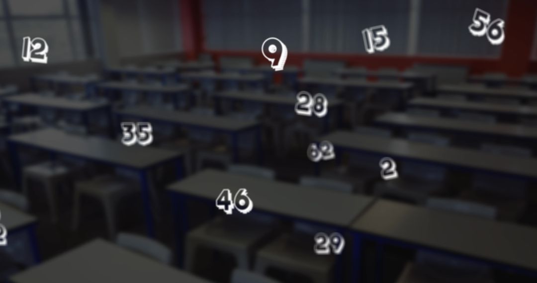 Floating mathematical numbers hovering over empty classroom