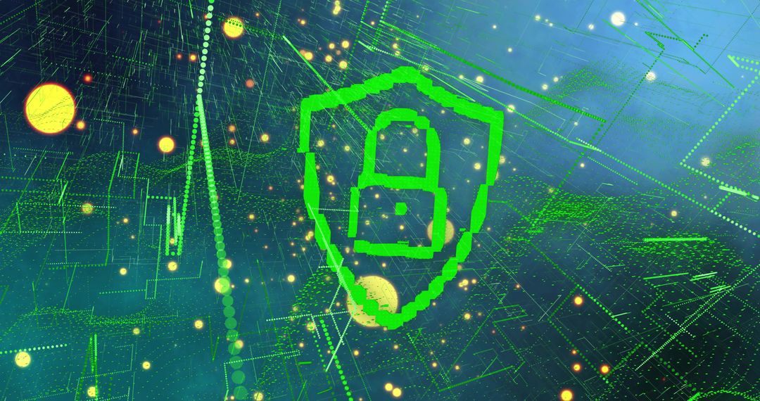 Neon Green Pixelated Padlock Shield Hovering Over Futuristic Circuit Grid for Cybersecurity