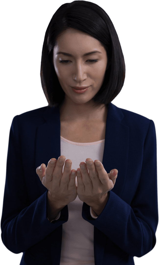 Businesswoman Holding Transparent Object with Focused Expression
