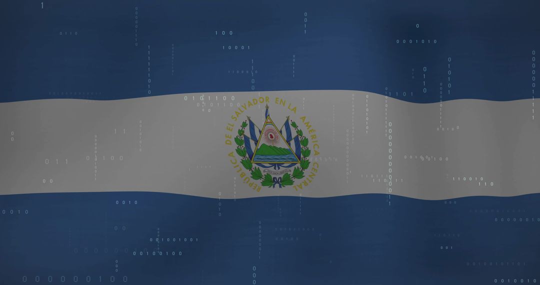 El Salvador Flag Waving Over Binary Code Cybersecurity Concept with National Emblem