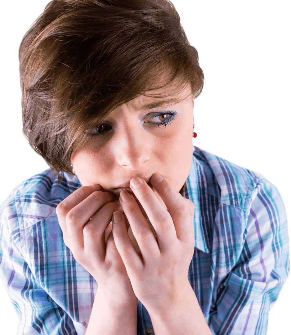 Worried Caucasian Woman Touching Face on Transparent Background