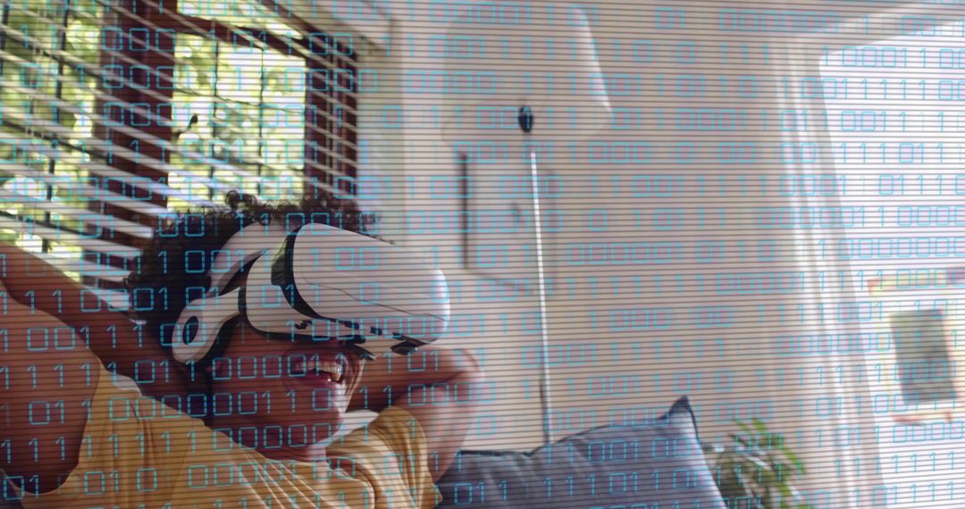 Relaxing and Exploring Virtual Worlds with VR Headset on Sofa, Binary Code Overlay