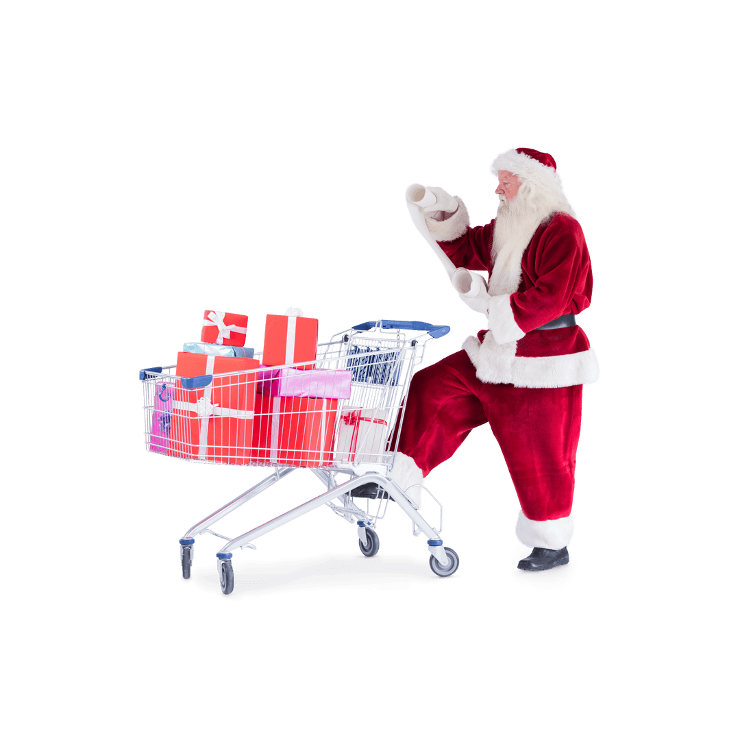 Santa Claus Shopping with Cart Full of Presents on Transparent Background
