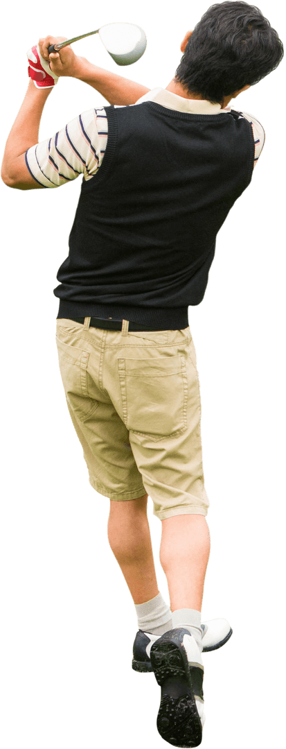 Caucasian Male in Action Swinging Golf Club on Transparent Background