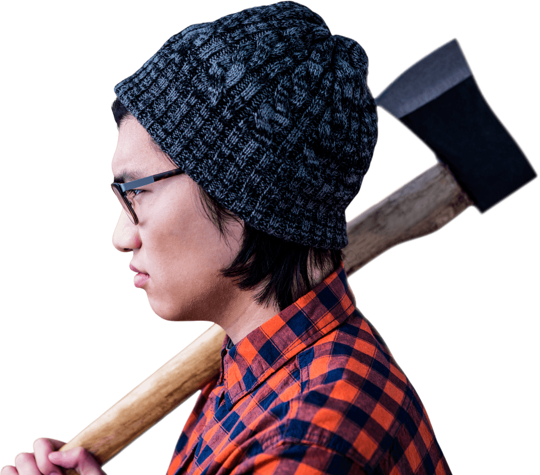 Transparent Profile View Hipster Holding Axe Plaid Shirt Beanie