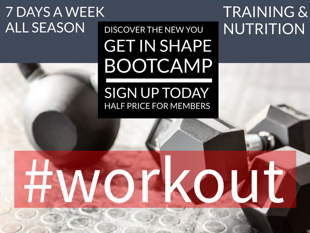 Motivational Gym Bootcamp Advertisement with Fitness Equipment