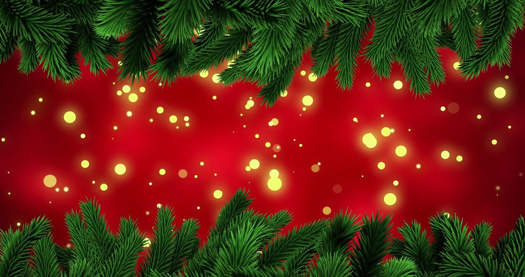 Festive Fir Tree Branches with Bokeh Lights on Red Background