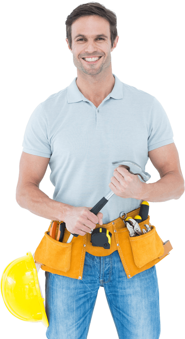 Smiling Handyman with Hammer Wearing Tool Belt Transparent Background