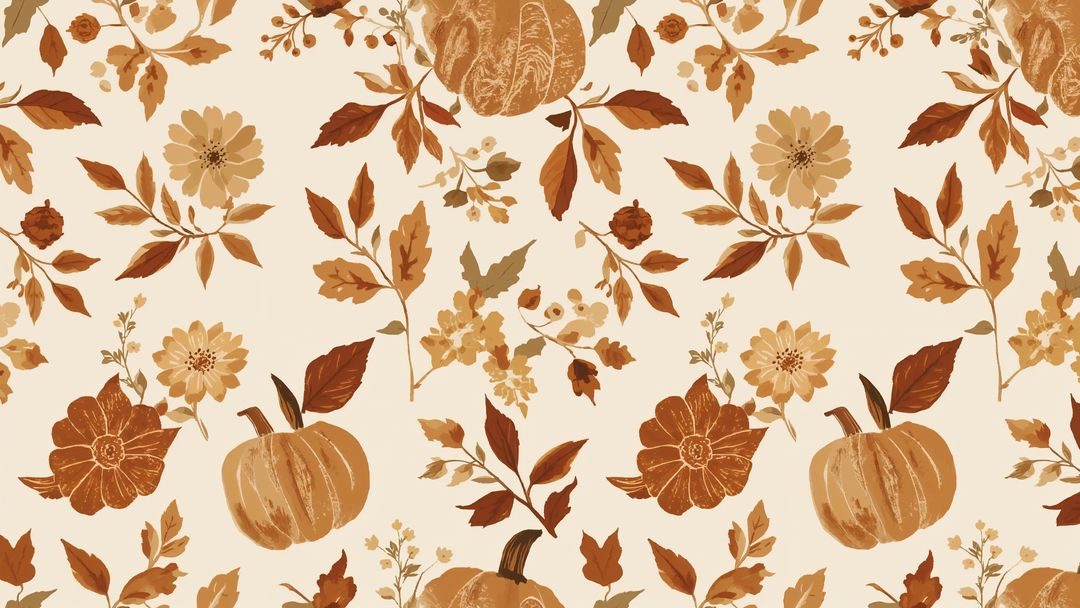 Rustic Autumnal Pattern with Pumpkins and Floral Blossoms