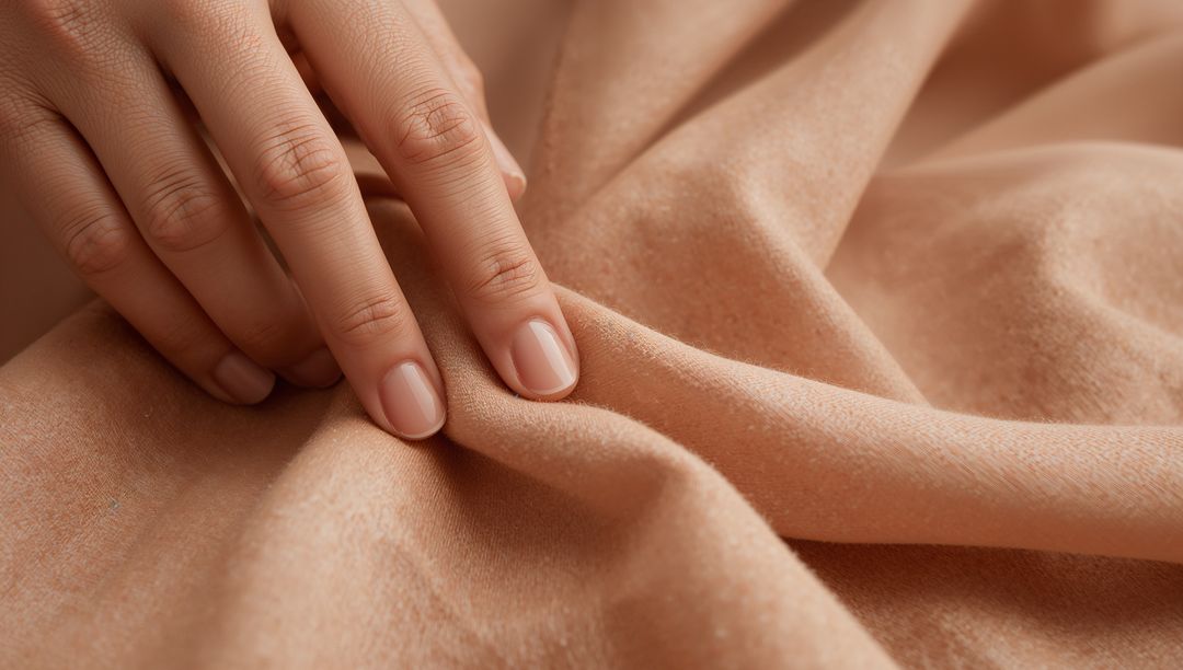 Manicured hand pinching and smoothing soft beige-pink fabric close-up for textile texture