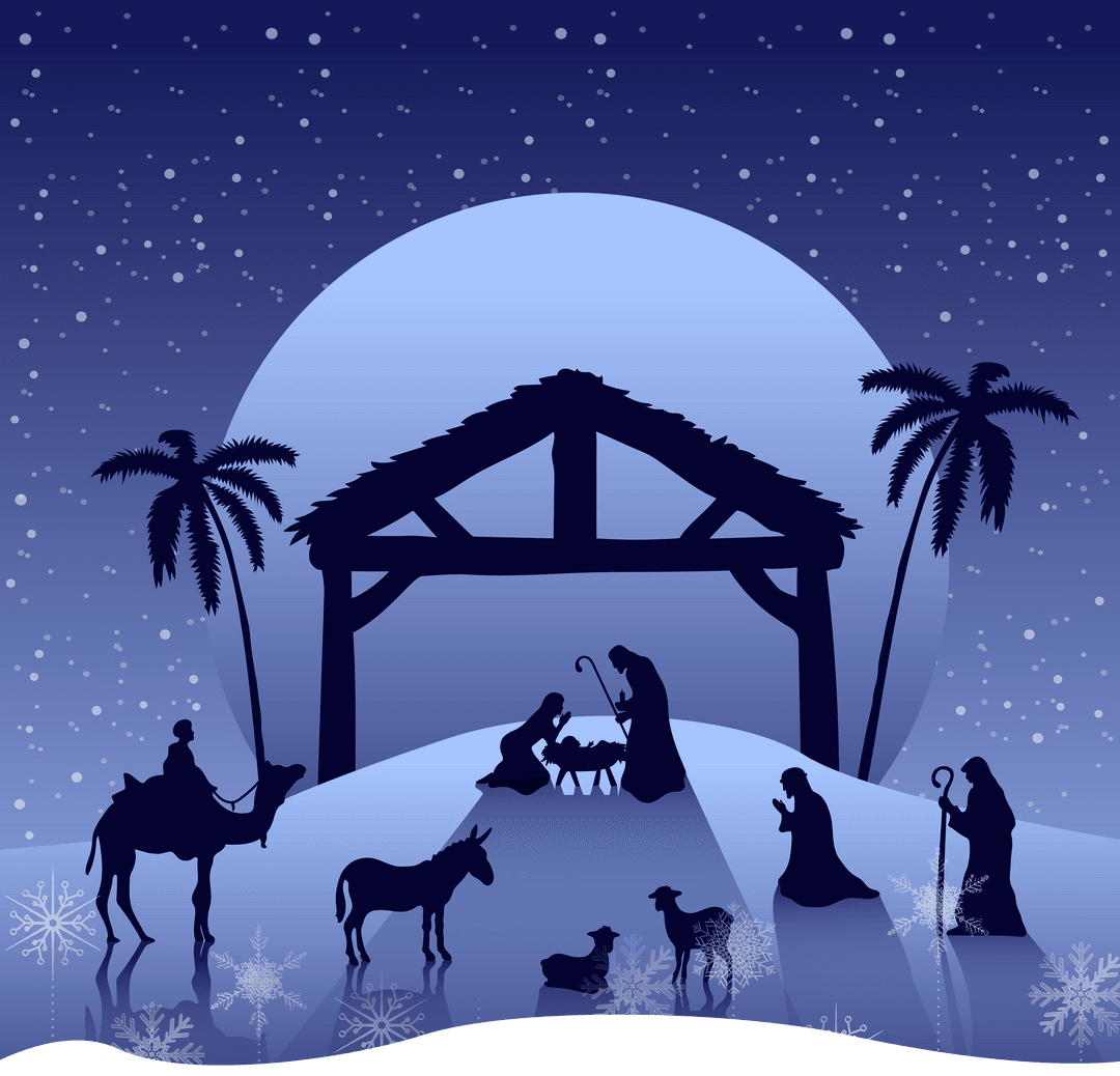 Transparent Nativity Scene Against Moonlit Night Sky