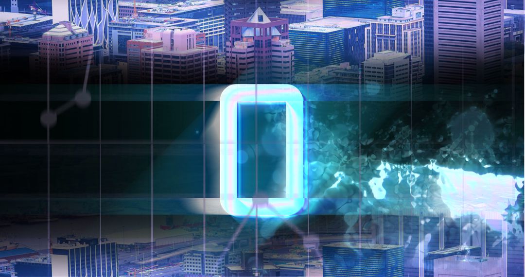 Digital Number Zero Overlaid on Modern Cityscape