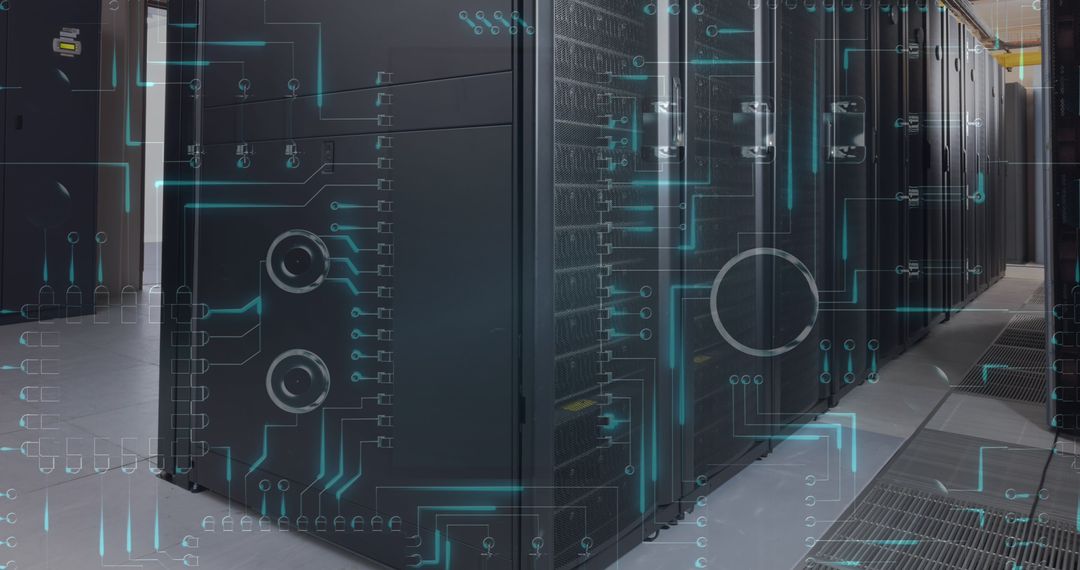 Futuristic Circuitry Overlay on Modern Data Servers