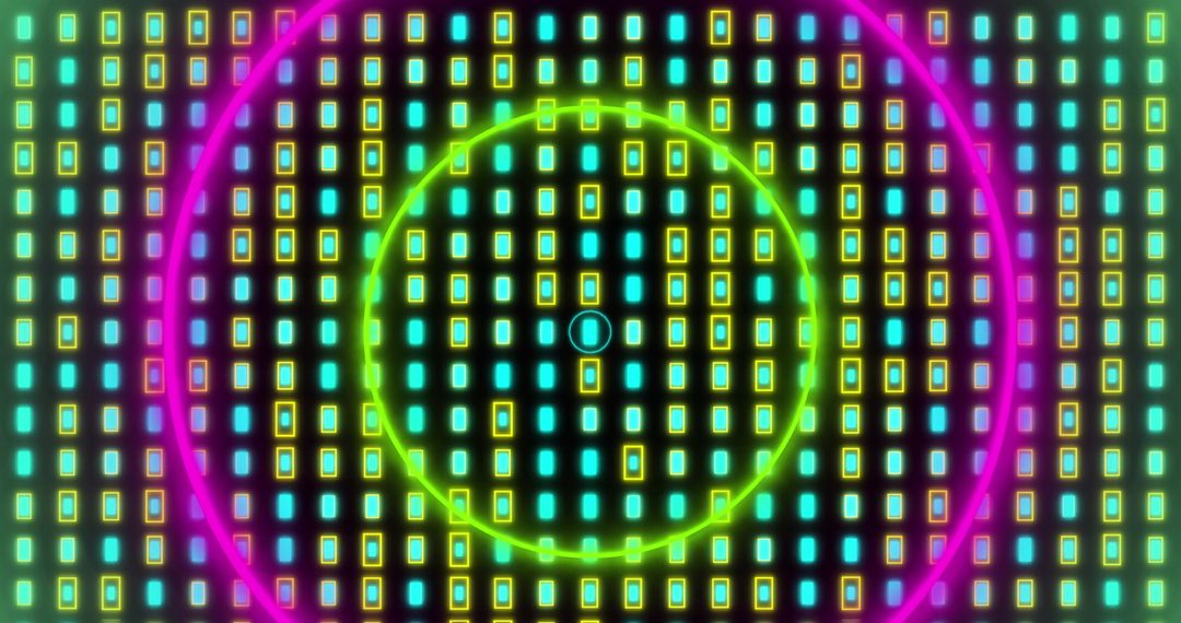 Vibrant Geometric Abstract with Neon Circles and Patterns