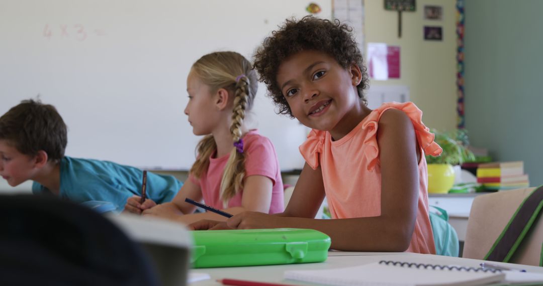 Joyful Girl Learning with Diverse Classmates in Classroom