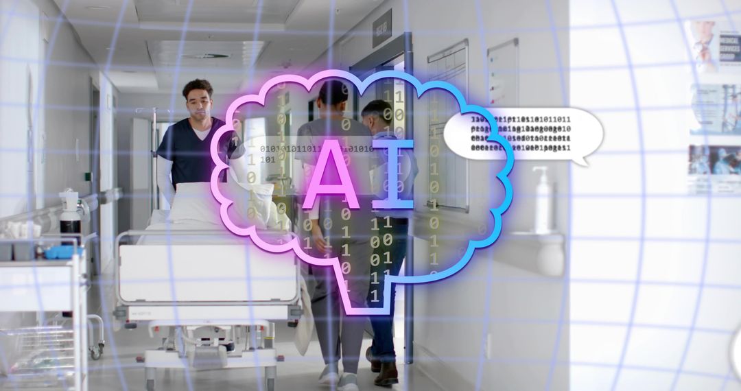 AI Brain Overlay Showing Medical Team Moving Stretcher Through Futuristic Hospital Corridor