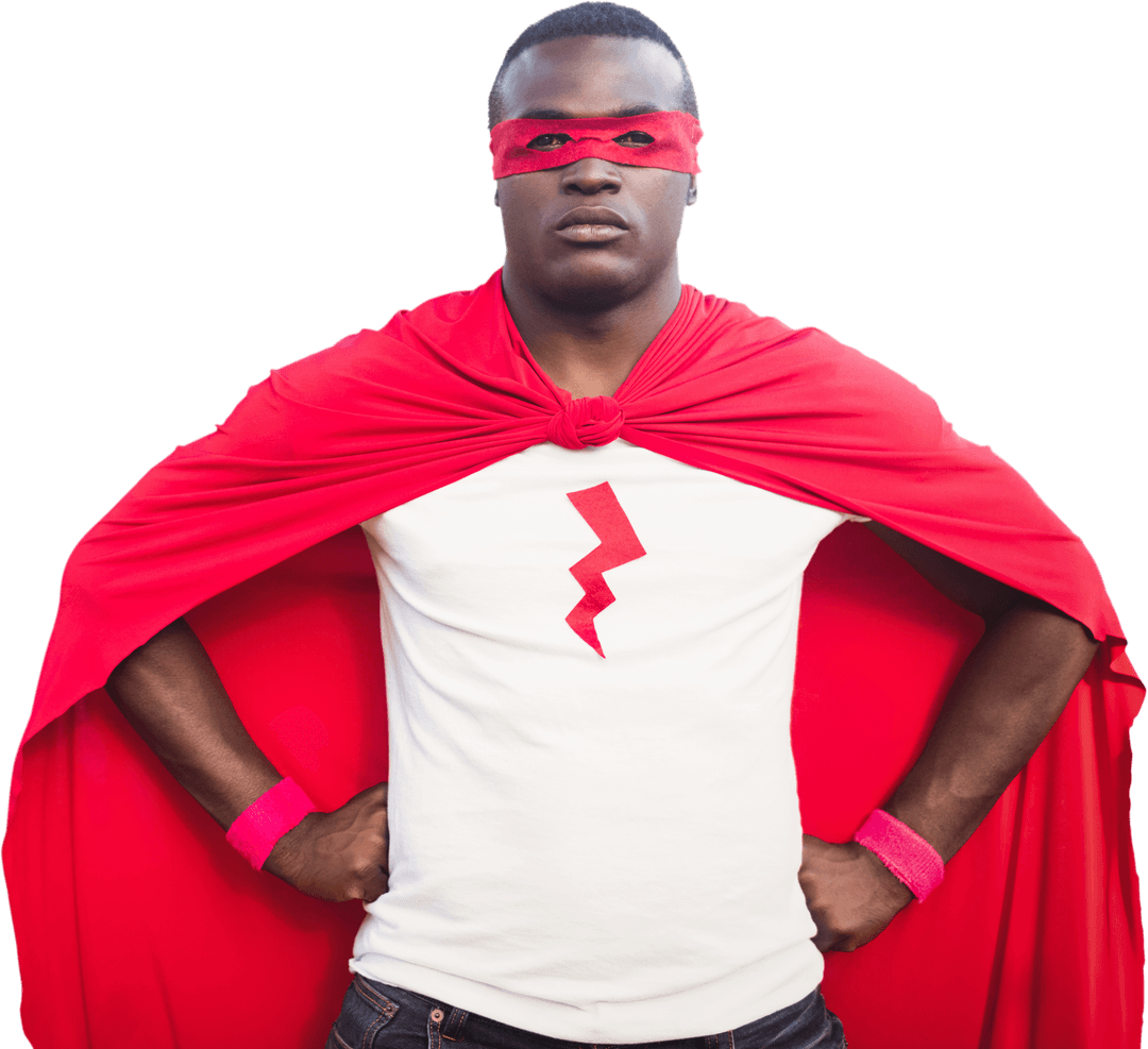 Confident Man in Red Cape and Mask on Transparent Background