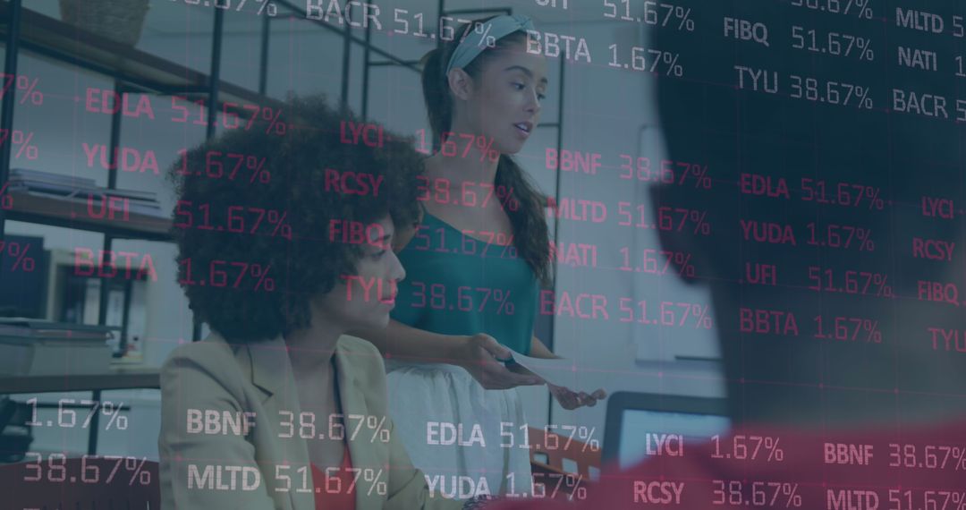 Diverse Team Discussing Strategies with Futuristic Stock Market Background