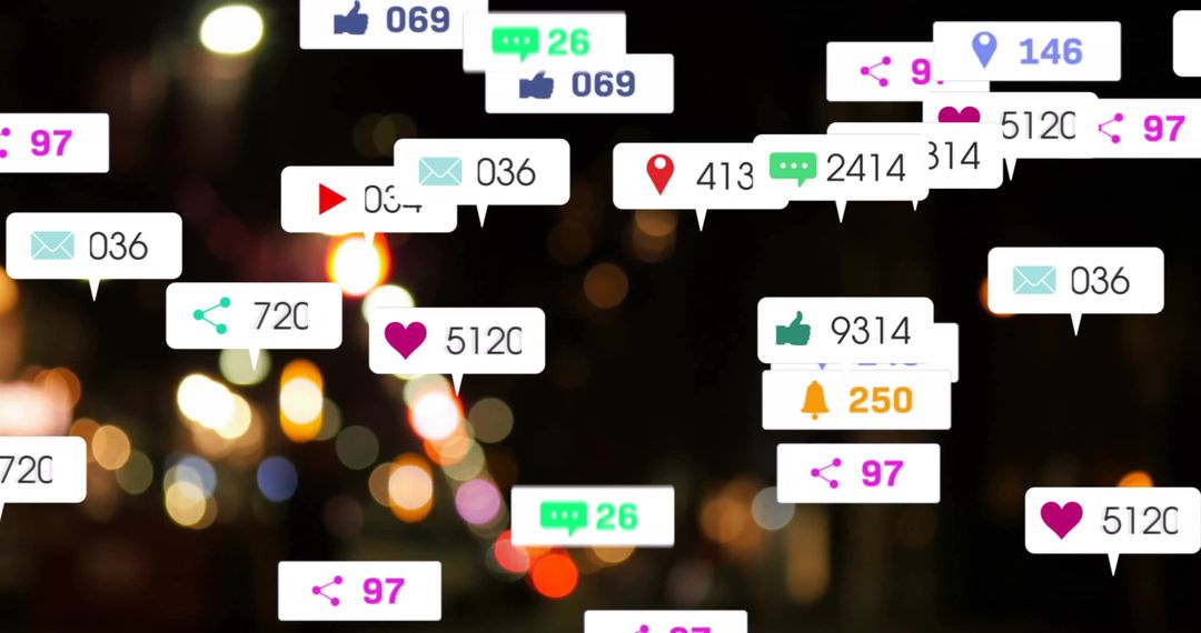 Futuristic Social Media Interaction Icons Over Cityscape