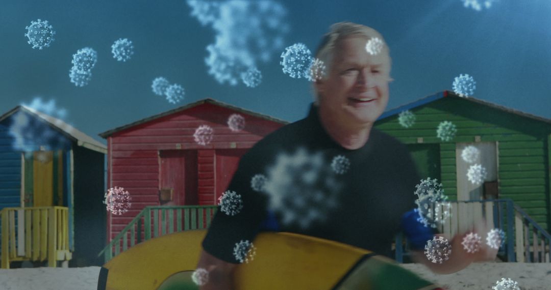 Senior Surfer Amidst Digital Virus Cells on Beach